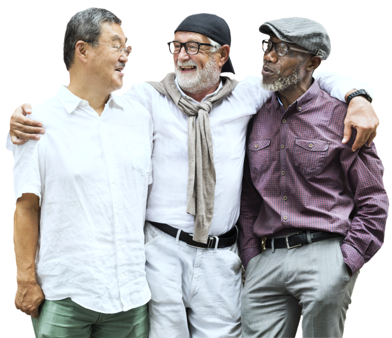 three elderly men talking to each other
